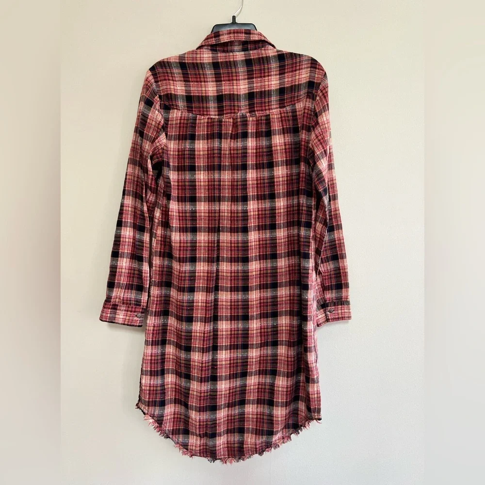 Free People Eight Days A Week Plaid Button Down Shirt Dress, Red/Navy Blue, sz S
